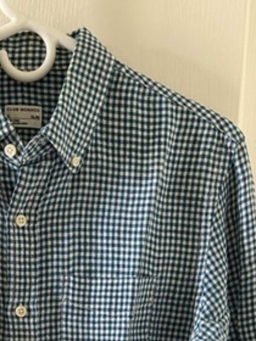 Club Monaco Teal Blue Gingham Check 100% Linen Long Sleeve Shirt Size S Slim